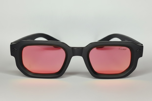 Black square sunglasses with pink-tinted lenses, shown from the front on a light gray background.